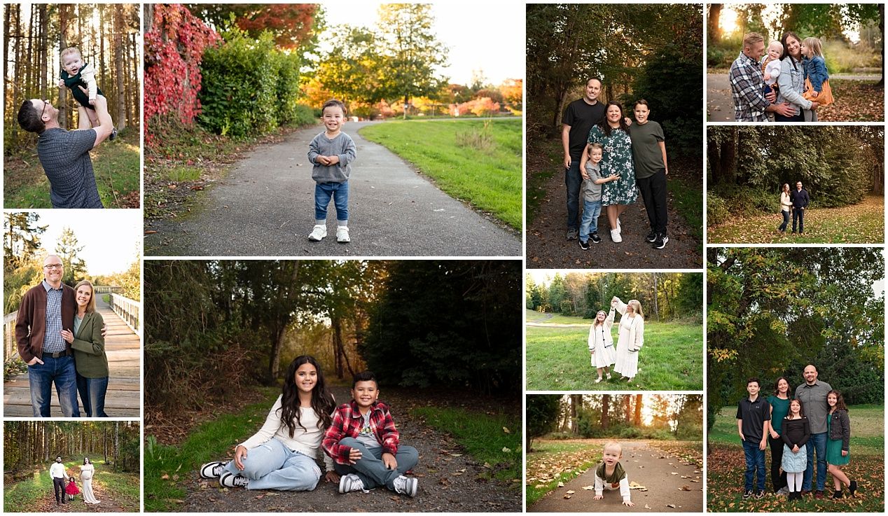 A collage of outdoor family photo sessions showing people walking, posing and interacting in natural park settings during autumn.