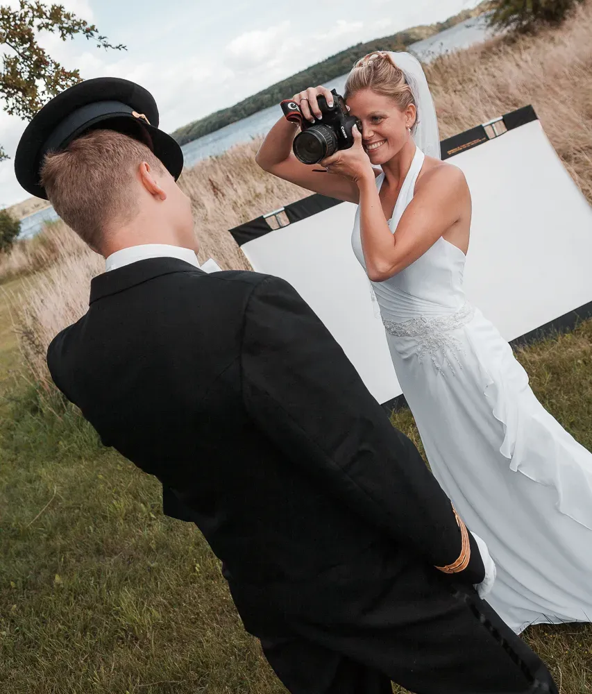 A series of casual wedding photos taken outdoors with candid camera poses.