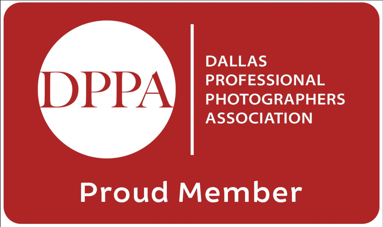 Red membership badge for the Dallas Professional Photographers Association (DPPA) with white text and circular logo.