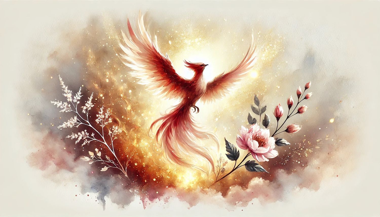 Abstract warm watercolor painting with golden and red hues featuring delicate floral silhouettes and organic shapes.