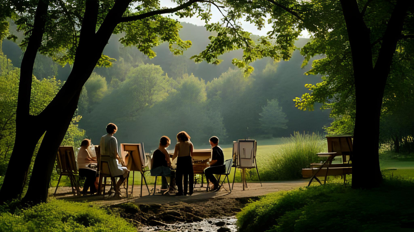 Group painting class outdoors in a serene park setting during golden hour.
