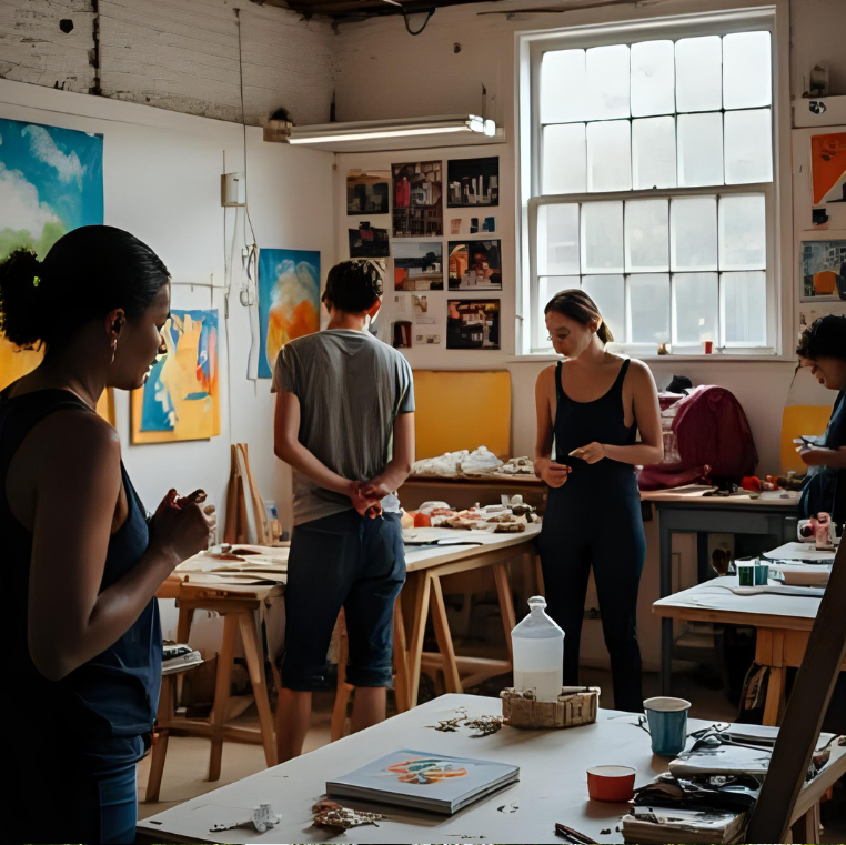Art students working together in a bright studio space with multiple easels and paintings.