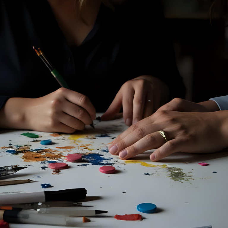 Artist working on colorful watercolor painting in dim lighting with scattered paint supplies.
