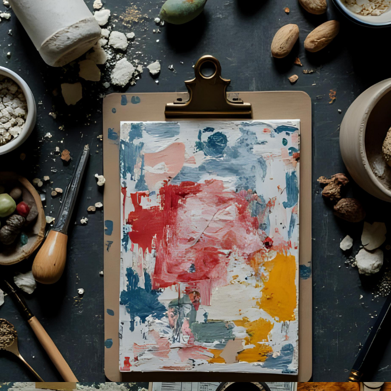 Artistic flatlay of painting supplies and clipboard with abstract artwork on dark surface.
