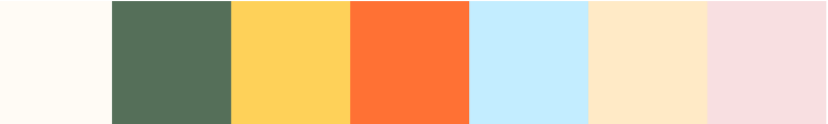 A color palette featuring earthy forest green, sunny yellow, vibrant orange, soft sky blue and delicate pink shades.