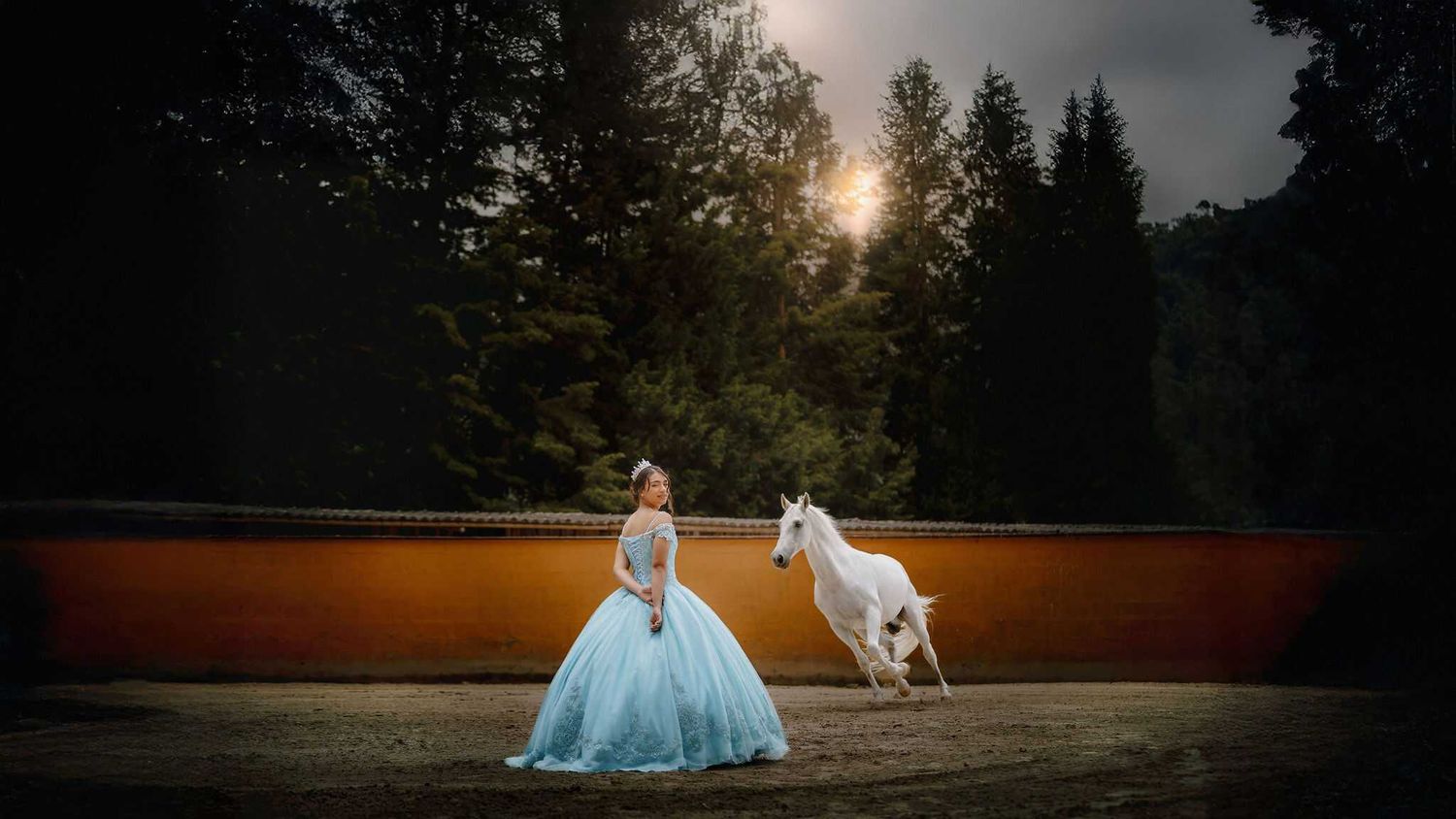 A person in a blue ball gown stands in a field at sunset with a white horse running nearby.