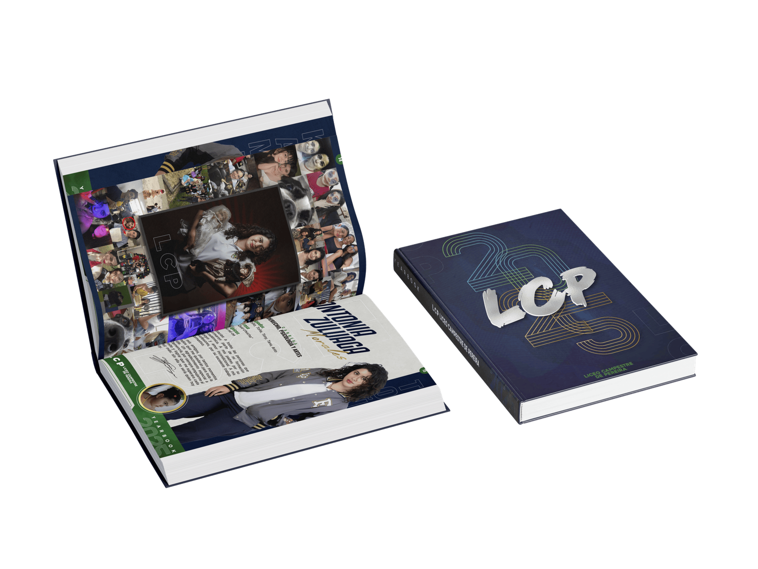 Two books shown side by side - an open art book with colorful photography and a closed navy blue book with 'LCP' text.