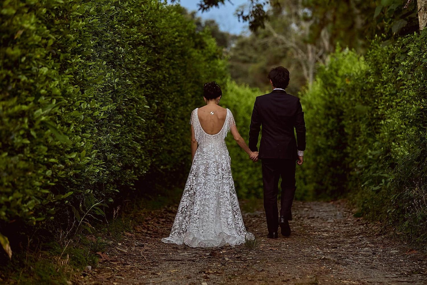 A couple in formal wedding attire walk down a garden path lined with tall green hedges.