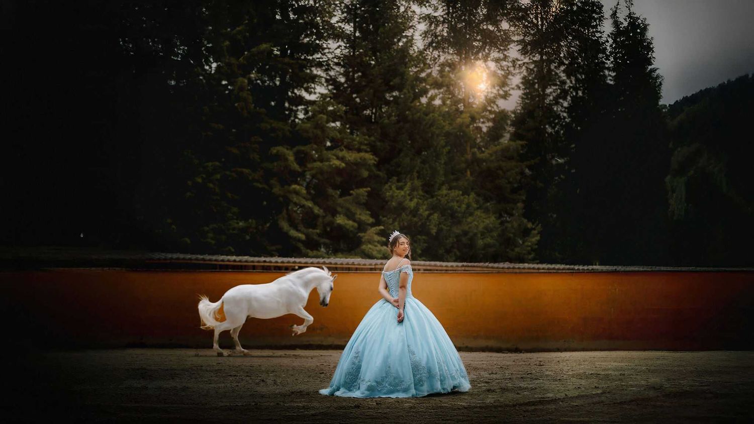 A person in a flowing blue ballgown stands in a field at sunset while a white horse runs majestically nearby.