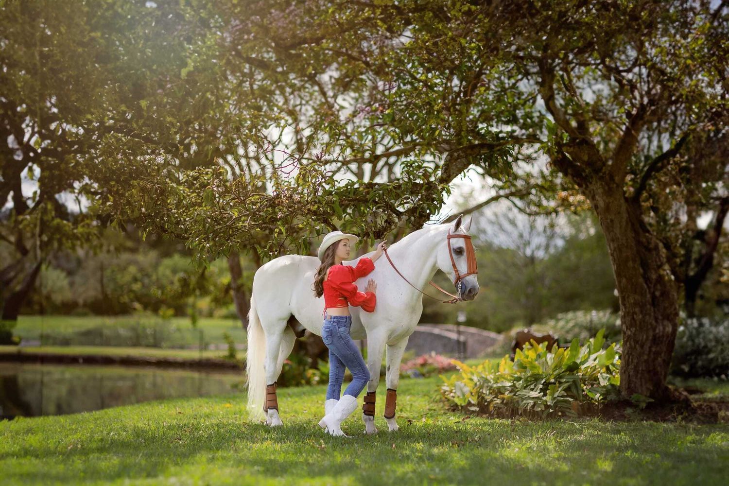 A majestic white horse with a red bow stands in a sunlit garden setting beside a pond on a lush lawn.