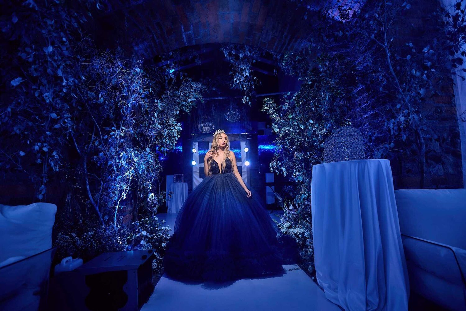 A dreamy scene shows someone in a deep blue princess gown surrounded by illuminated flowers and mystical decor.