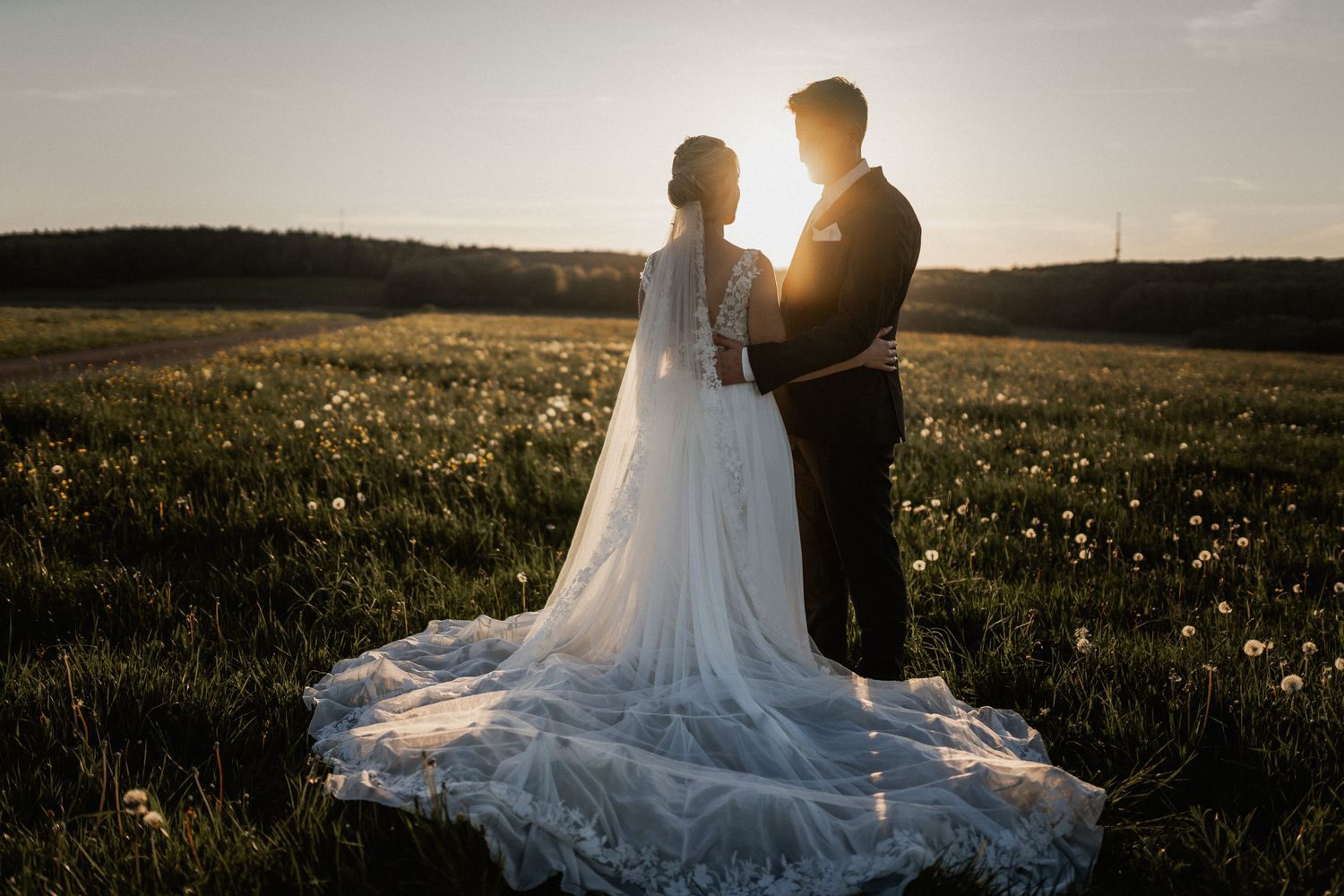 A romantic sunset silhouette of a couple in a meadow with a flowing wedding dress and golden light through dandelions.