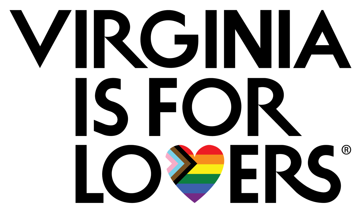 A large black final boss symbol from a The state of Virginia Tourism Slogan Virginia is For Lovers w/small progressive pride heart design.