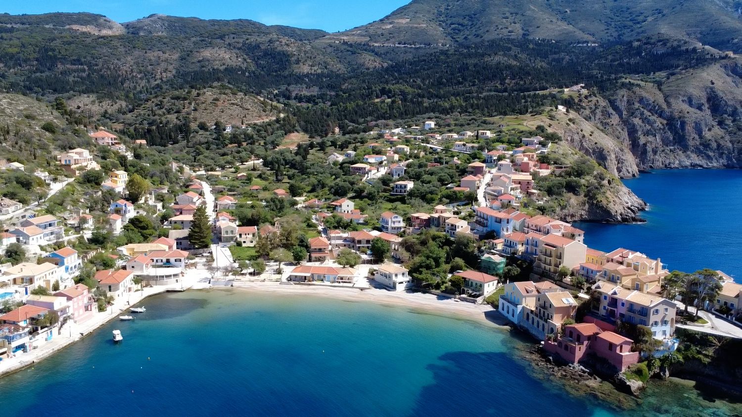 A picturesque Greek town surrounded by beautiful mountains in Kefalonia, Greece