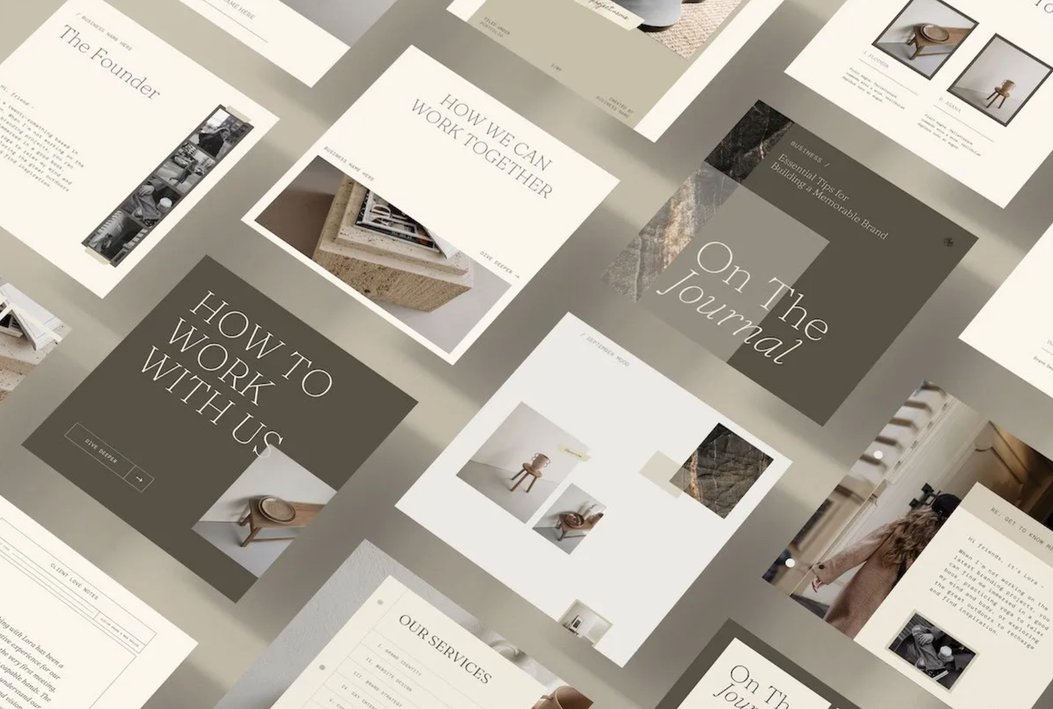 Various minimalist website mockup screens are arranged in a grid layout showcasing portfolio design templates.