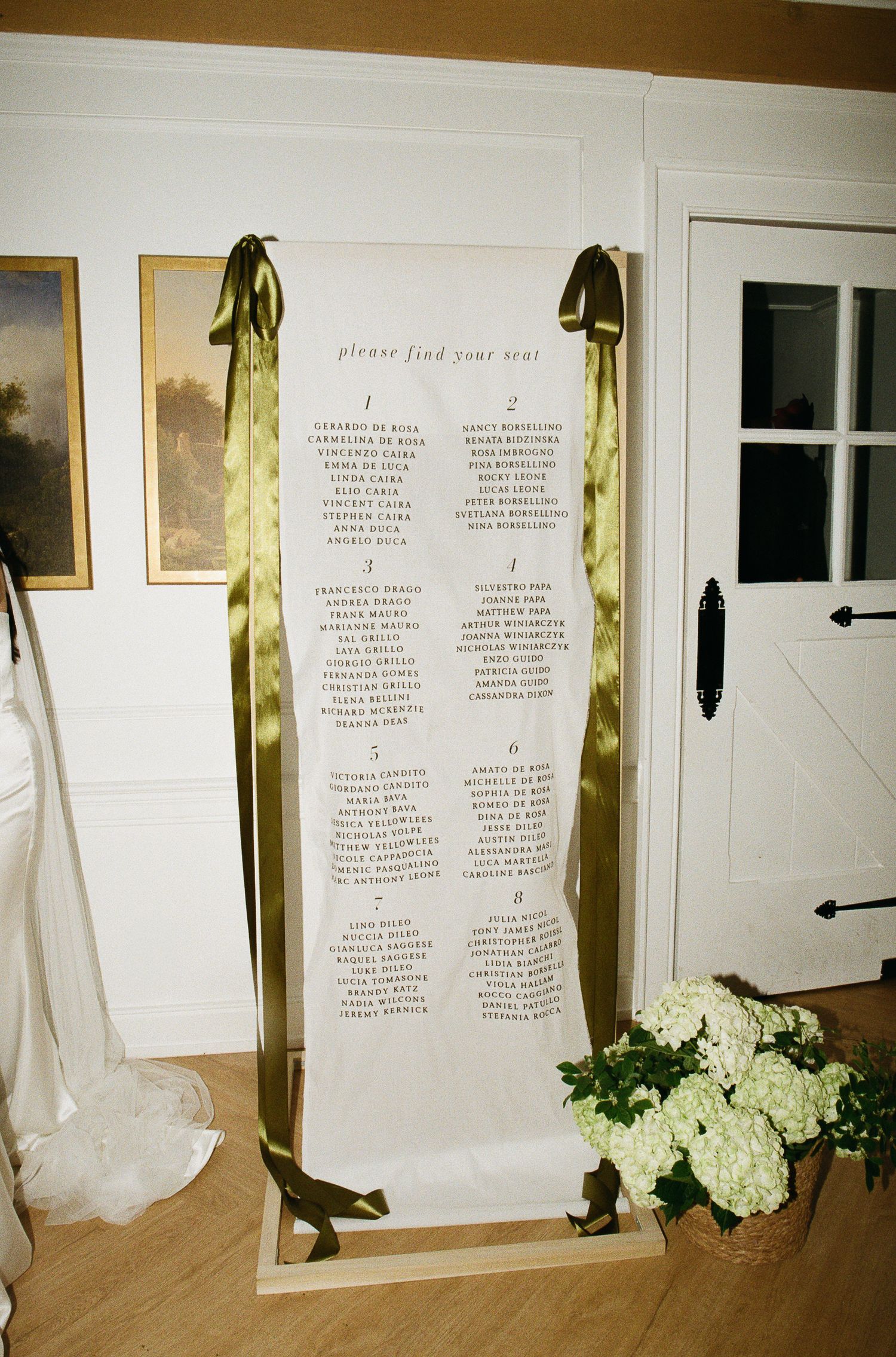 An elegant wedding seating chart display with white paper, olive green ribbons, and white hydrangea flowers beside a white door.