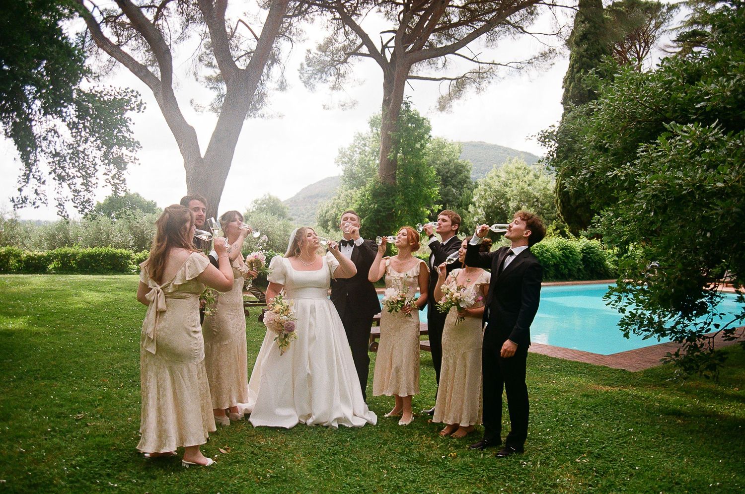 Wedding party gathered on a lush green lawn with a swimming pool in the background on a sunny afternoon.