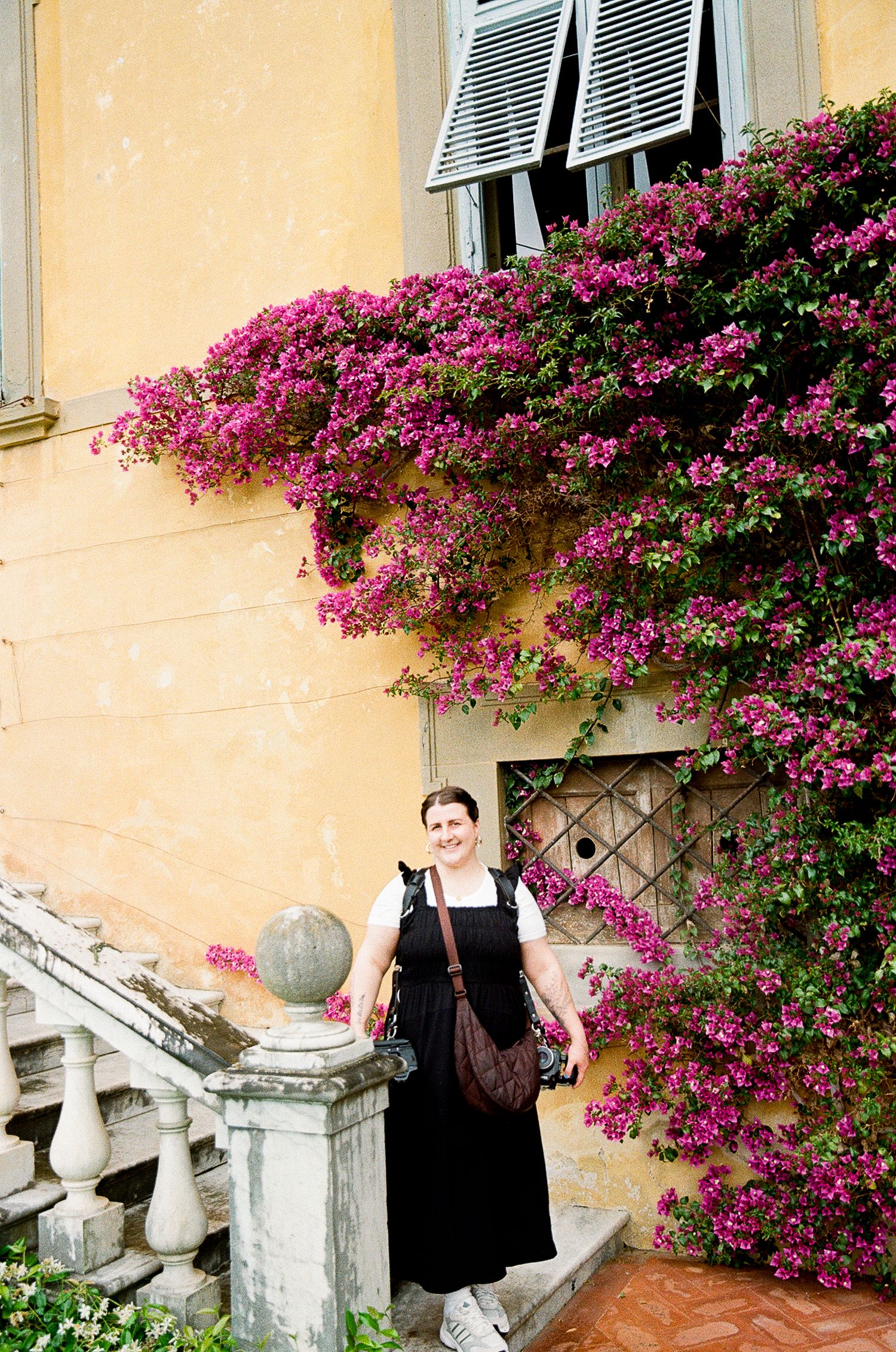Blooming pink bougainvillea cascades down a yellow stucco wall near white shuttered windows and stone balustrade.