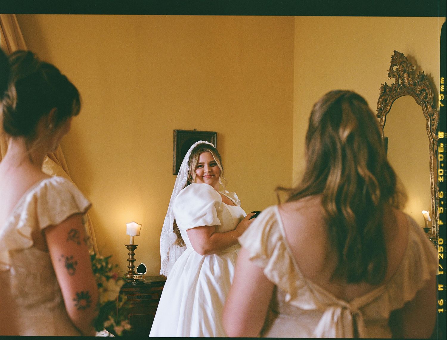 A series of romantic bridal preparation moments captured in warm interior lighting.