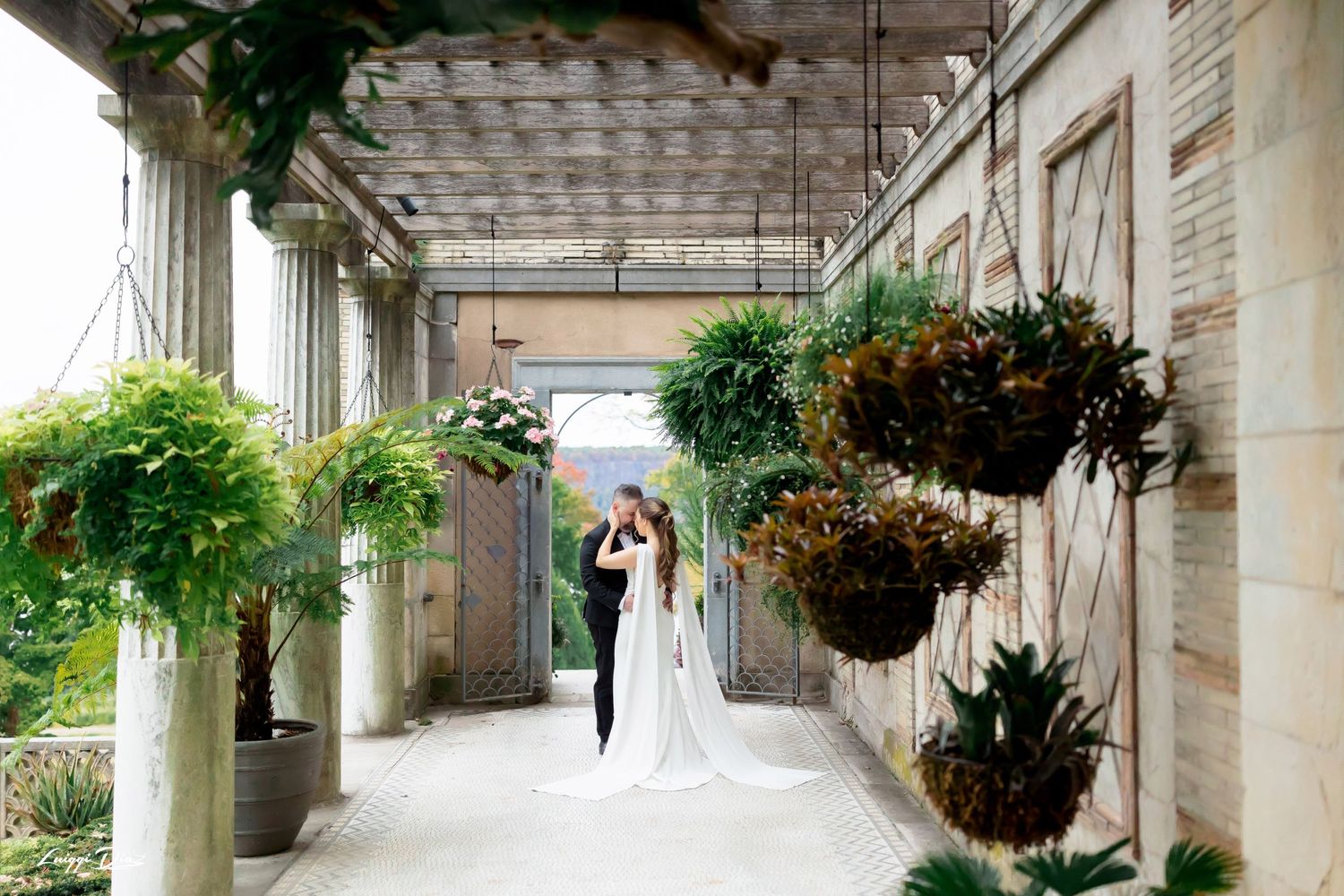 A romantic moment captured under a pergola with hanging plants and stone columns.