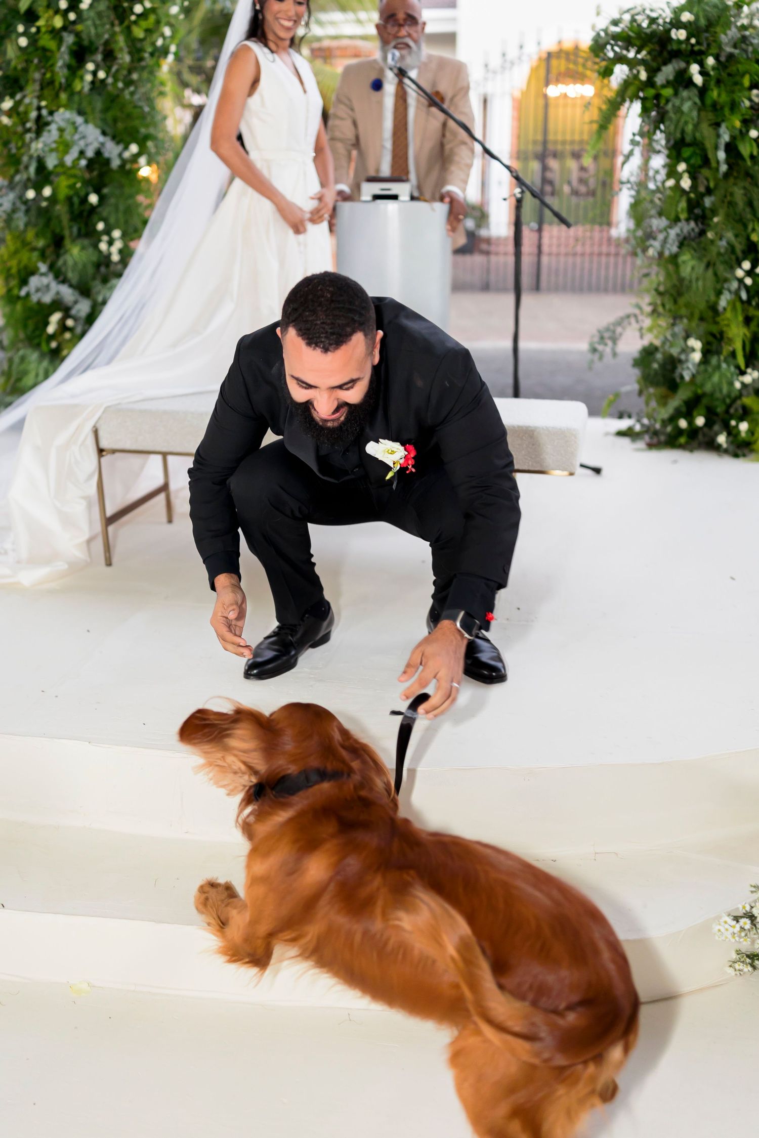 Wedding guest in black suit crouches down to play with a golden retriever dog during outdoor ceremony.