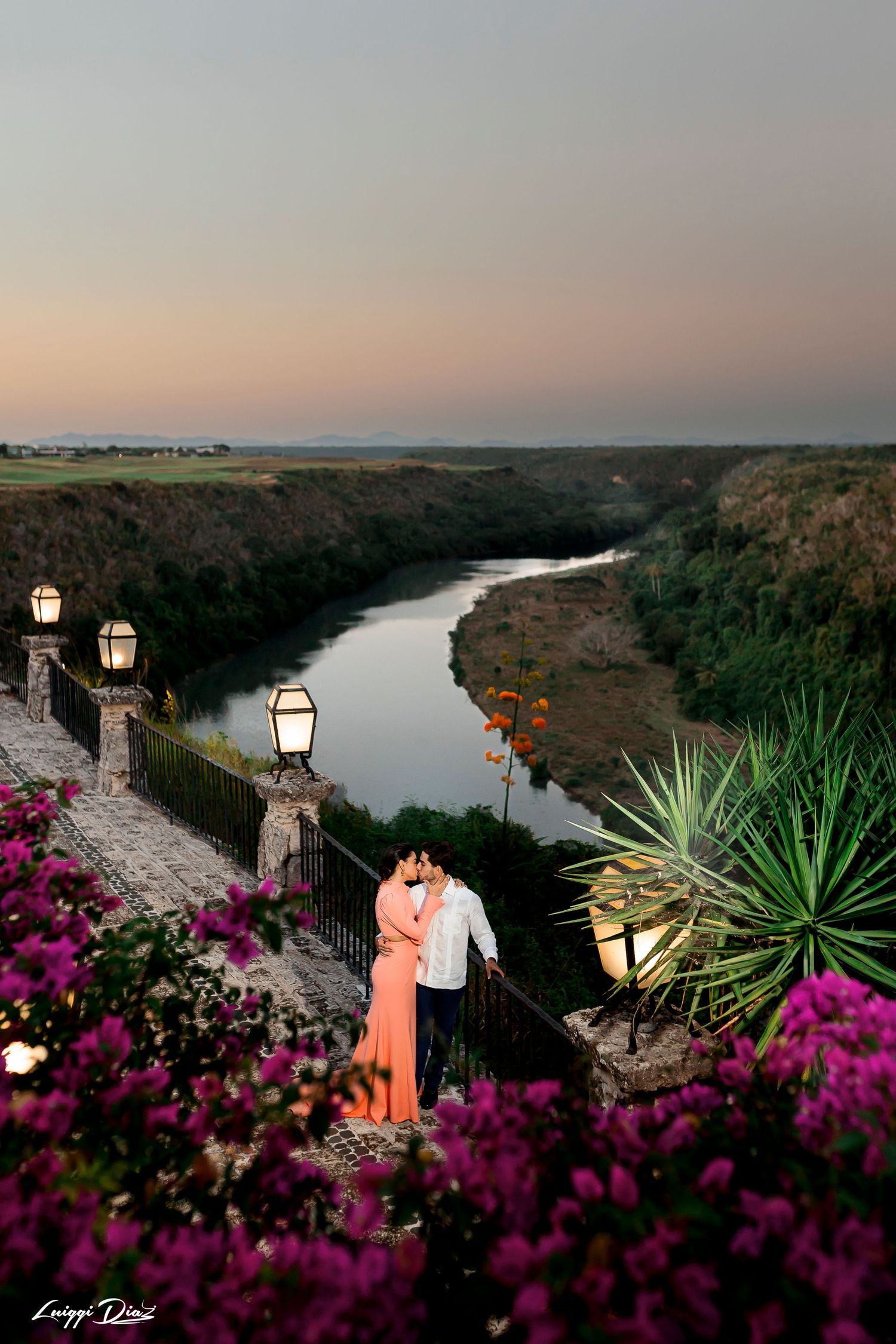 Romantic sunset portrait overlooking a river canyon with purple flowers in the foreground.