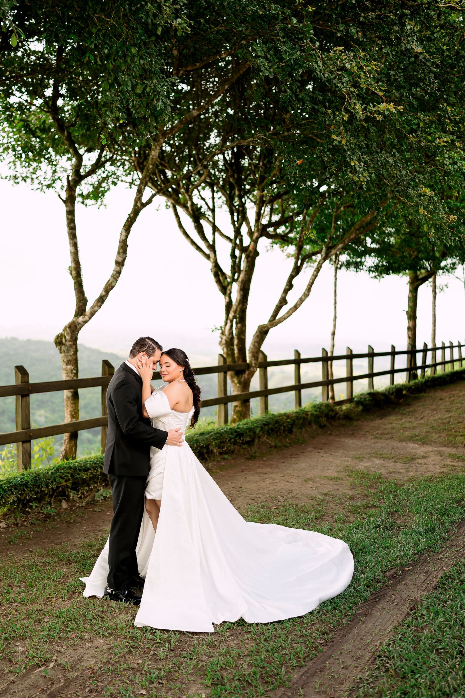 A wedding couple poses on a tree-lined path with a rustic fence and misty mountain backdrop.