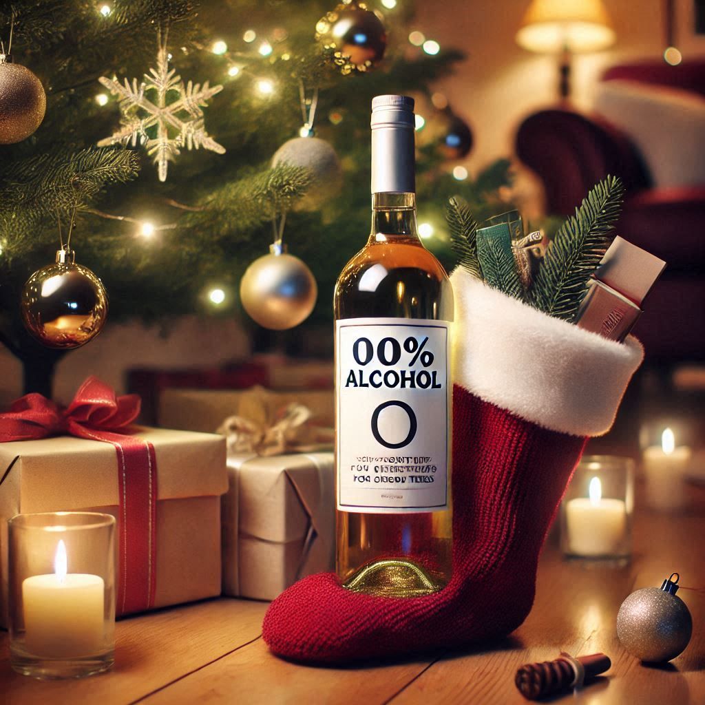 image d'une bouteille de vin sans alcool au pied d'un sapin de noël