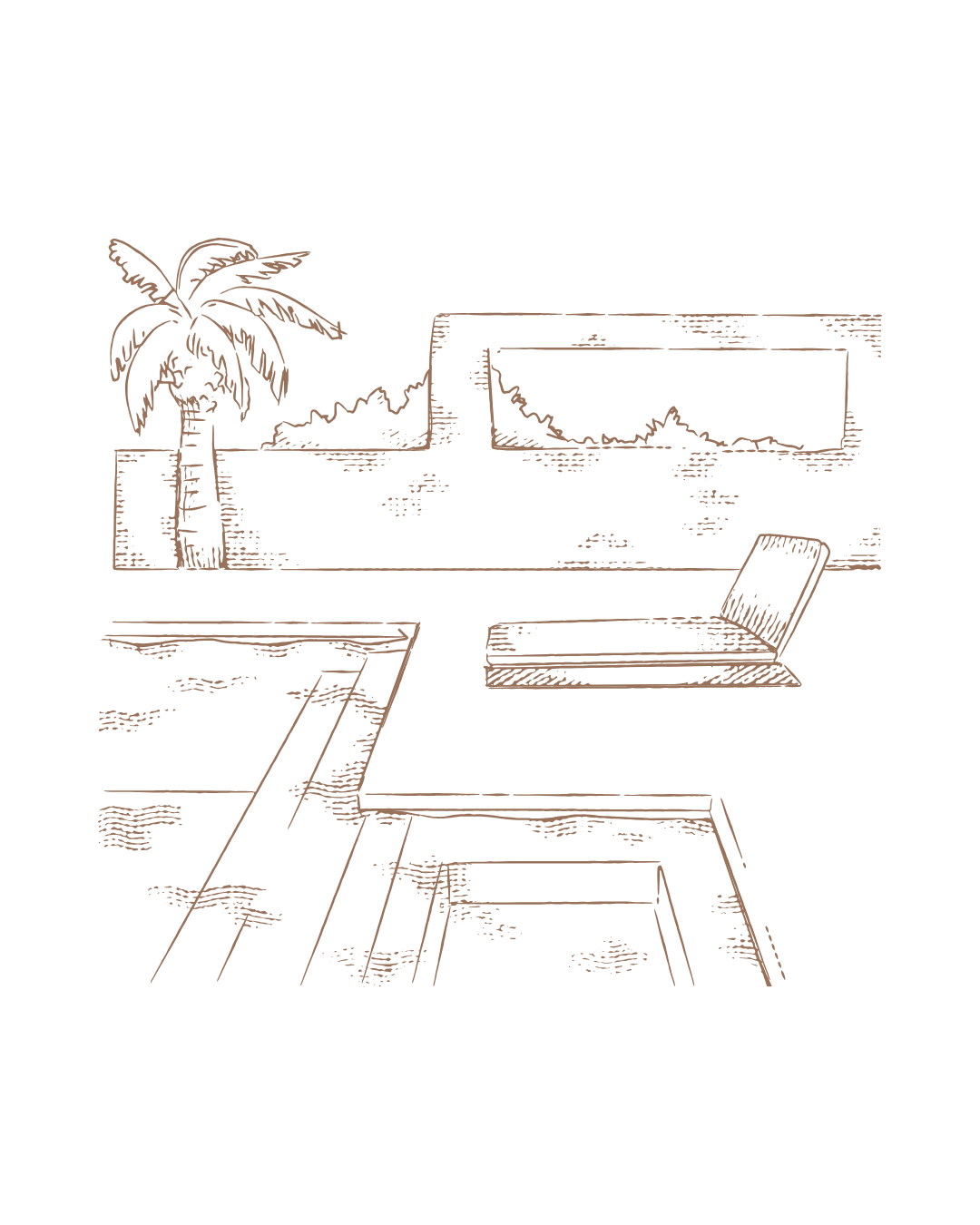 Illustration d’une terrasse en bois avec petite piscine, fauteuils lounge et plantes vertes – ambiance détente.