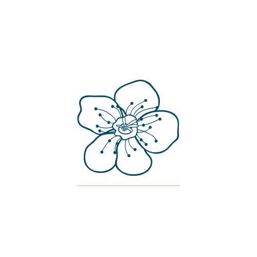 Simple hand-drawn blue line illustration of a five-petaled flower with a circular center.