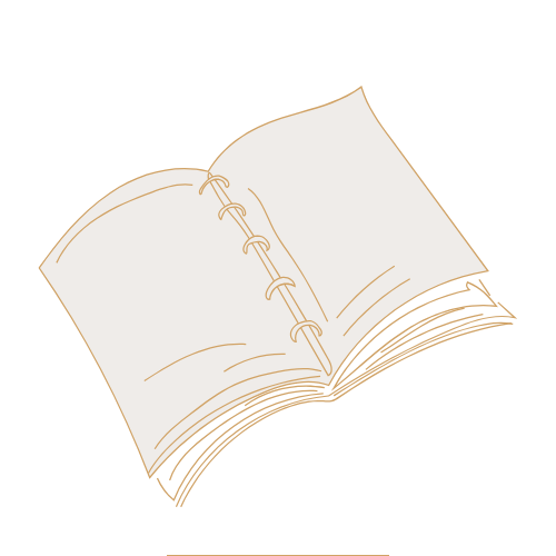Simple line drawing of an open book with blank pages and spiral binding in a minimalist beige sketch style.