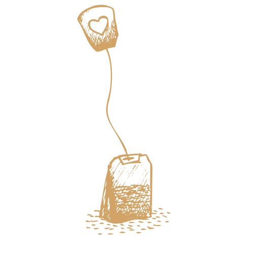 Simple sketch illustration of a tea bag with a heart design floating in speckles, drawn in warm brown line art.