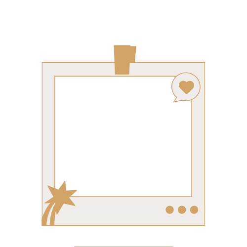 Simple photo frame illustration with palm tree decoration and heart speech bubble in gold and white colors.