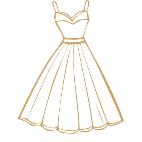 A simple sketch of a vintage-style pleated dress with spaghetti straps and sweetheart neckline in golden outline style.