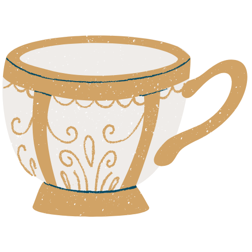 A delicate teacup illustration with ornate gold swirls and patterns on white porcelain in a vintage decorative style.