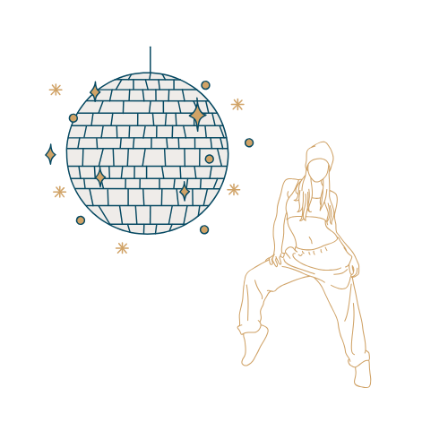 Simple line drawing of a disco ball pattern repeating with silhouetted dancing figures between them in a minimalist style.