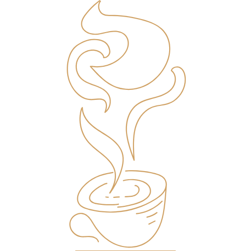 Simple line art illustration of multiple coffee cups with rising steam in a minimalist, continuous design pattern.