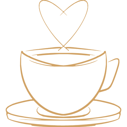 Simple line drawing of a coffee cup with a heart shape rising from the steam on a saucer.