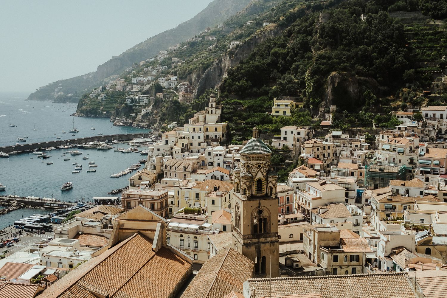 Aerial view of coastal Italian village Positano with traditional architecture and Mediterranean Sea.