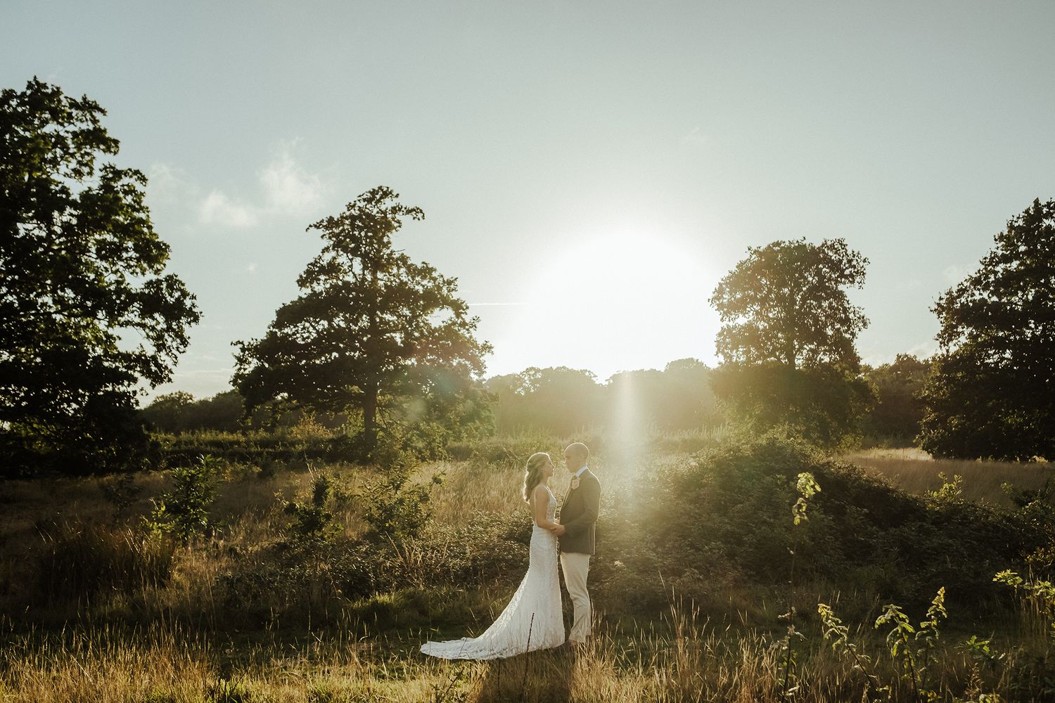 A couple embraces in a sunlit field at golden hour with trees silhouetted in the background.