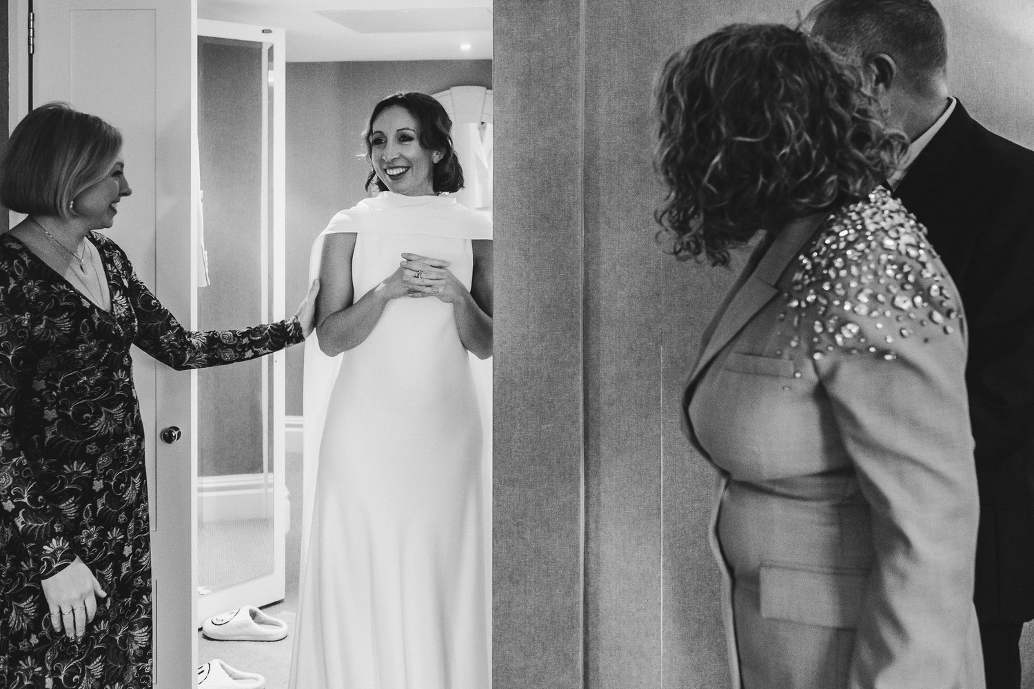 Two wedding scenes side by side showing pre-ceremony moments and reactions.