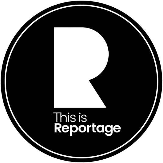 Black and white logo design with elegant typography spelling 'Reportage' in an oval frame.