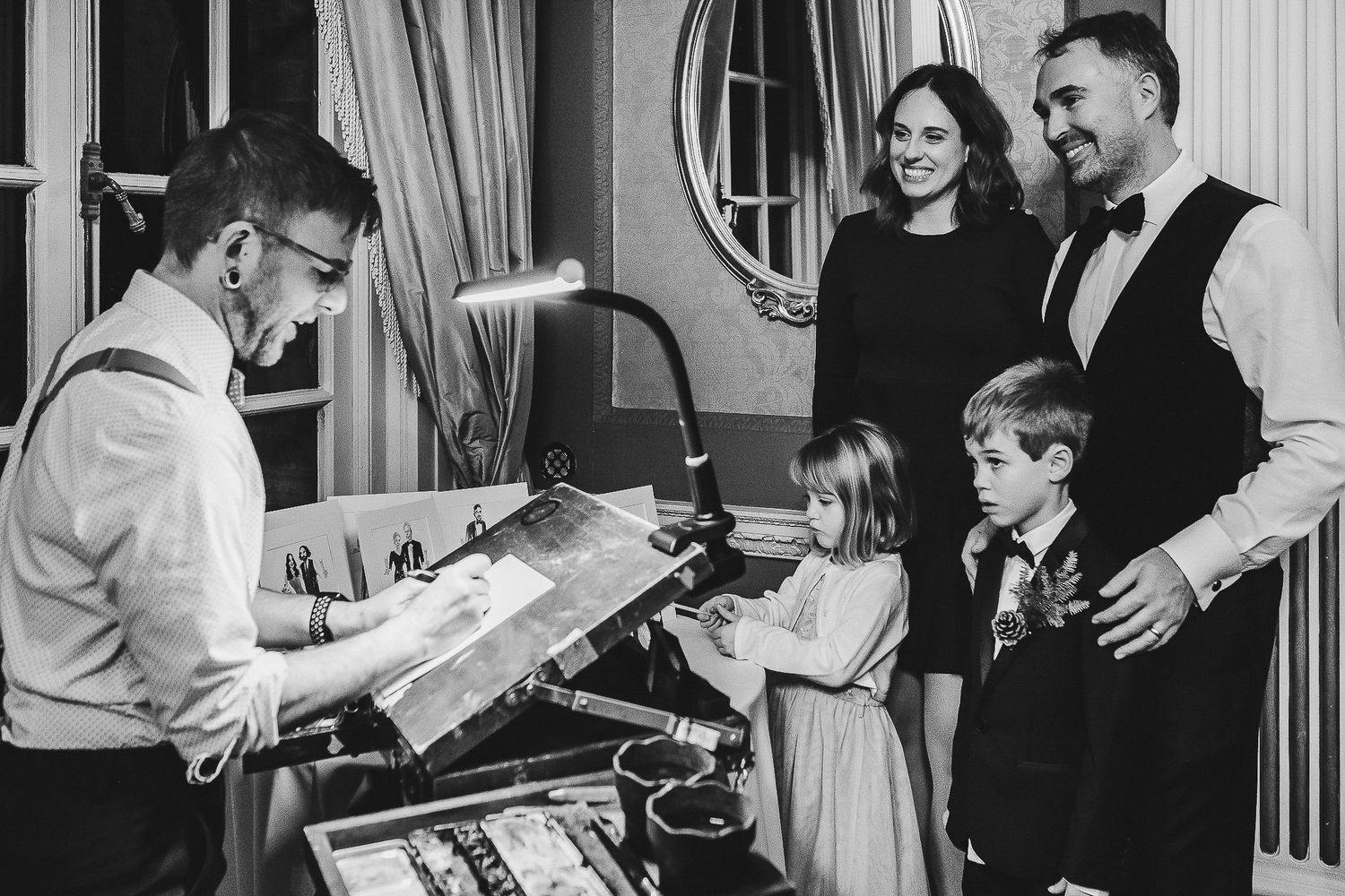 Musicians performing for children and guests at a formal event.