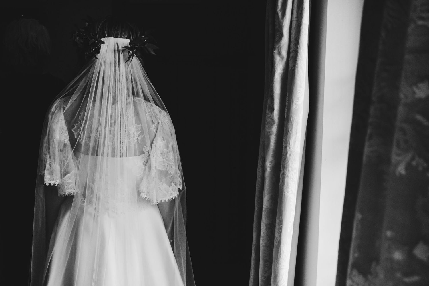 Elegant wedding veil flowing dramatically in black and white photography sequence.