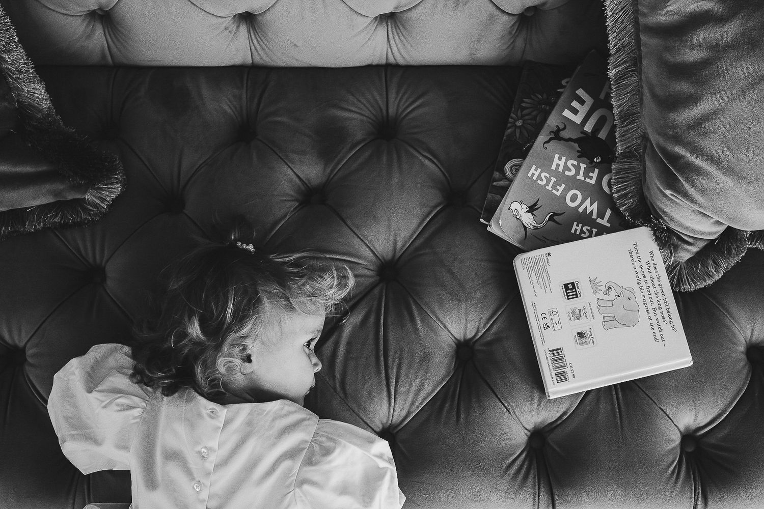 Child lying on tufted leather couch while reading a picture book in black and white.