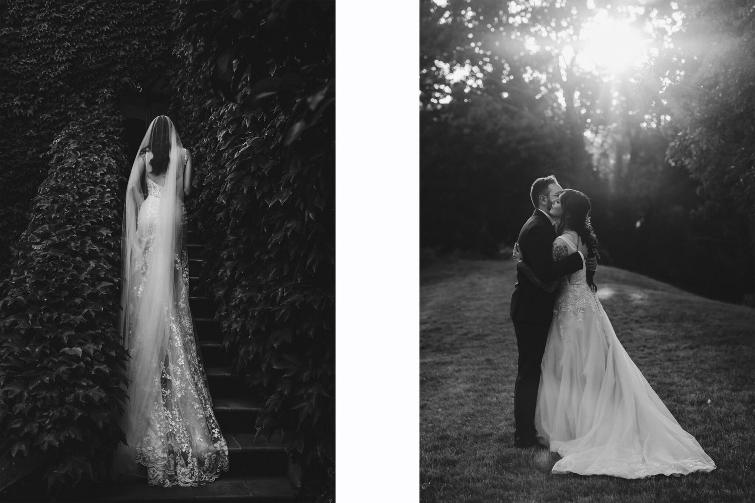 Black and white wedding photos showing a bride in a veil and a couple embracing at sunset.