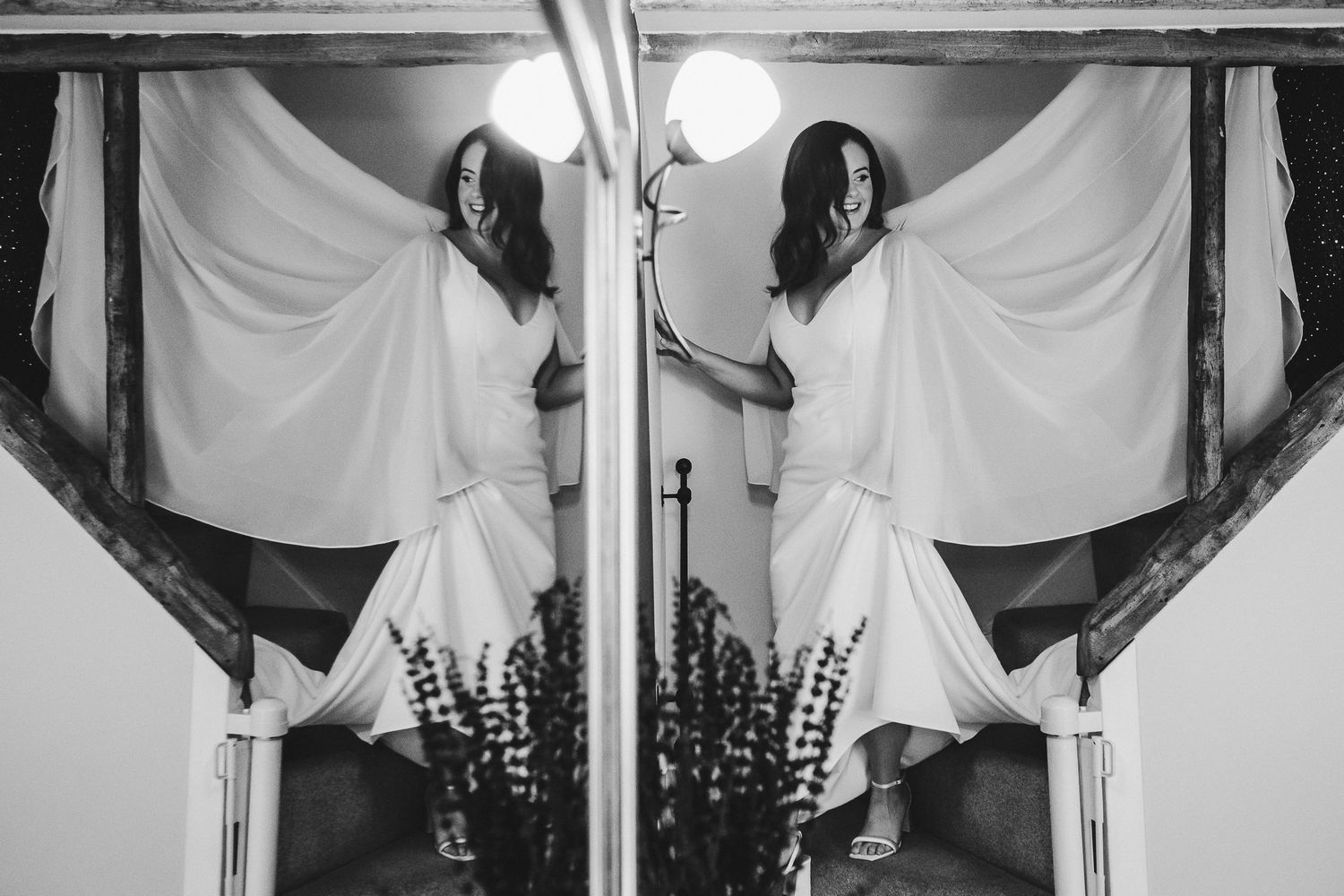 Series of whimsical black and white photos showing movement in a doorway.