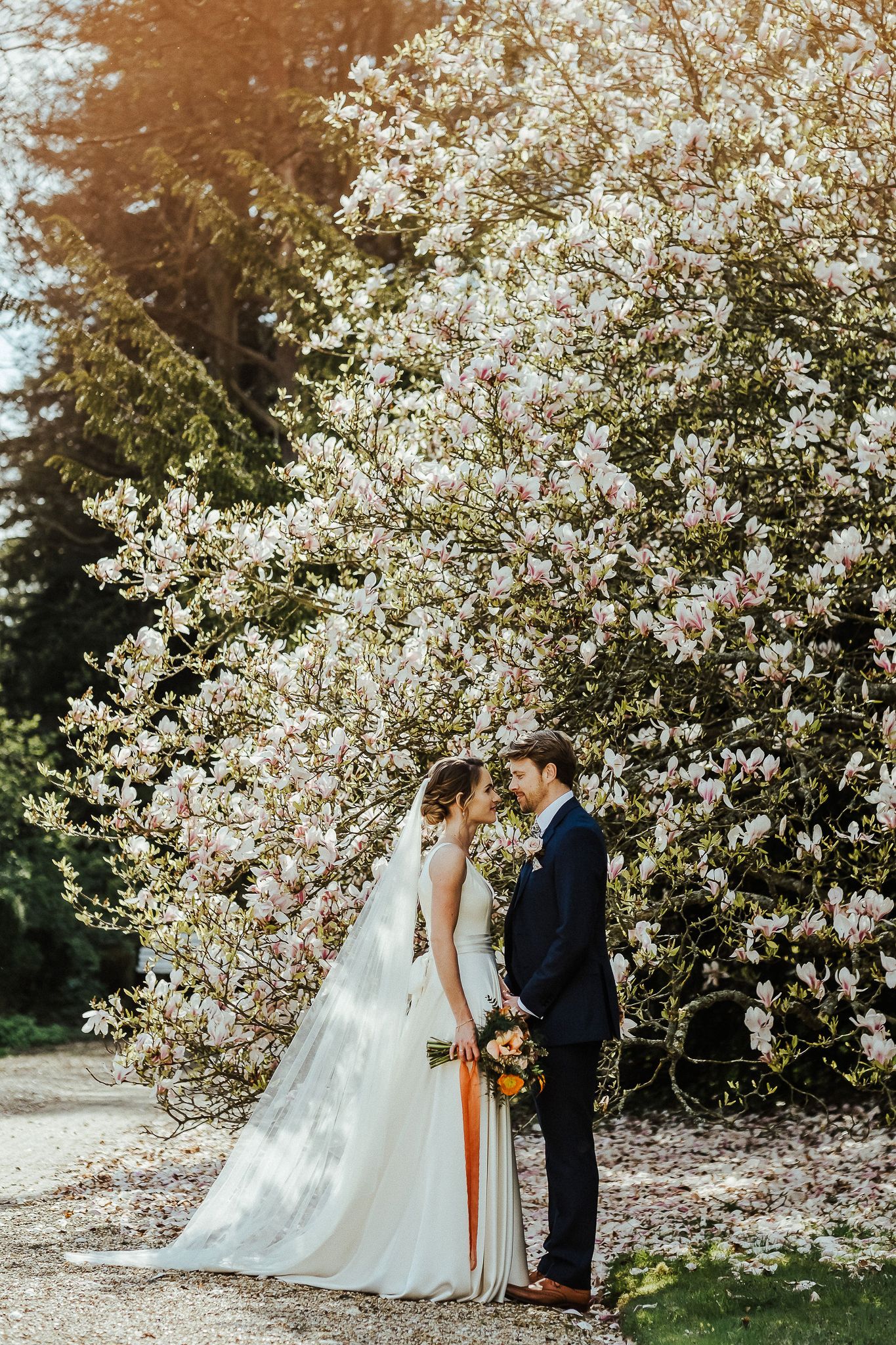 Romantic spring wedding couple embraces beneath blooming cherry blossoms in natural outdoor setting.