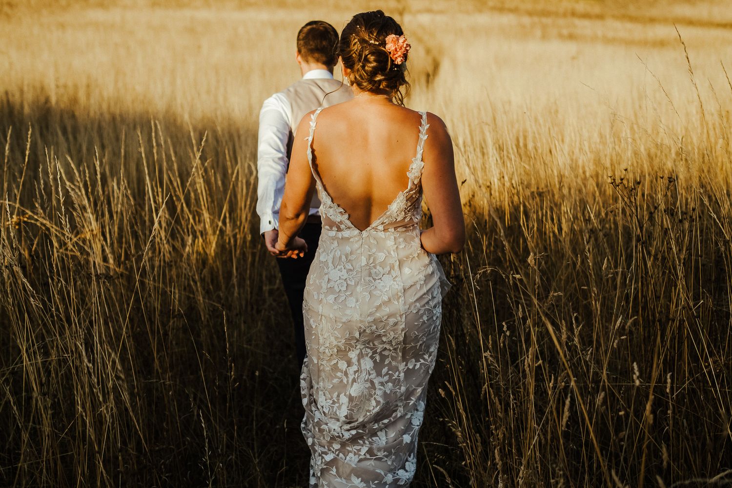 A couple walks through a golden field at sunset with the bride wearing a detailed lace backless wedding dress.