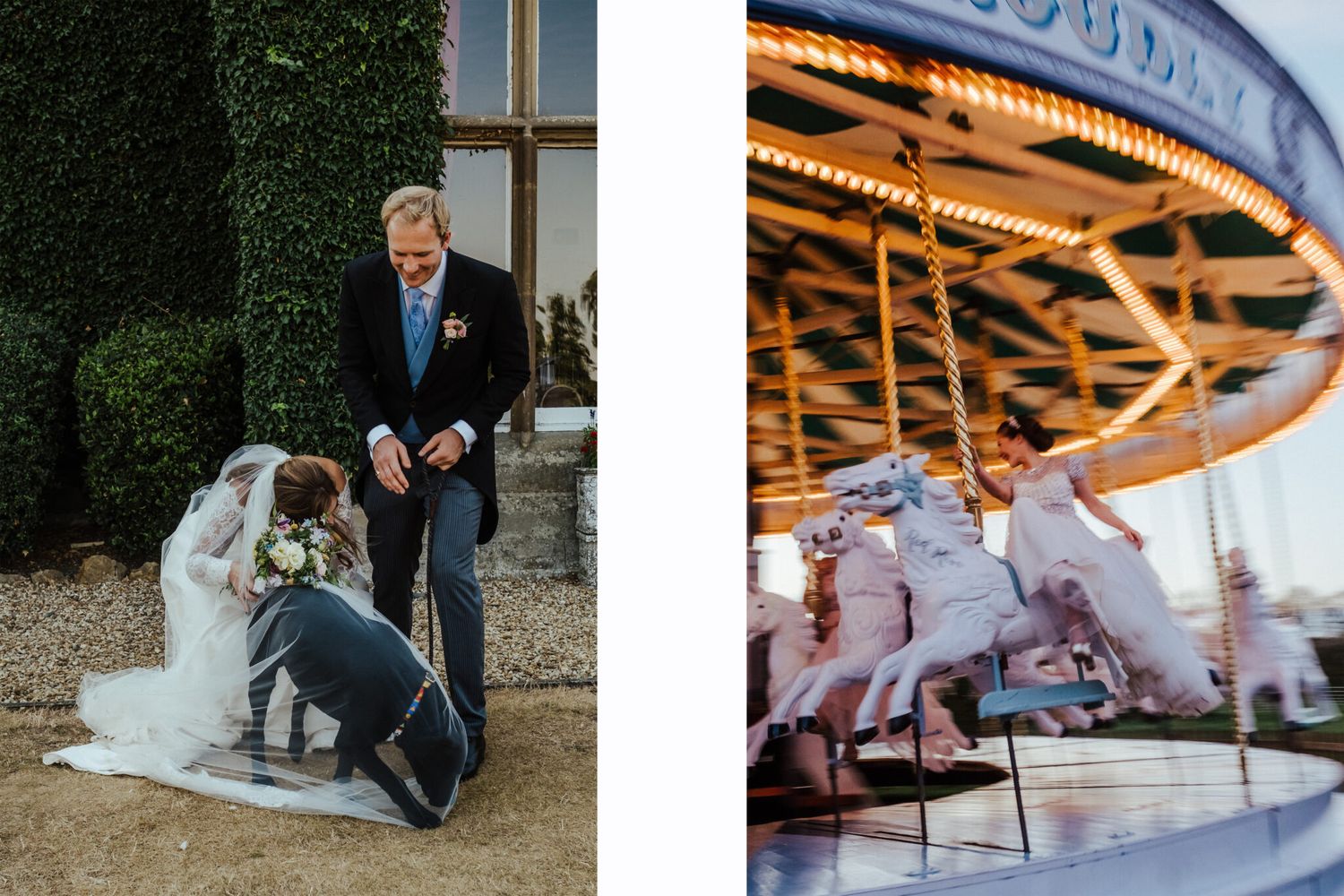 Wedding party members relax on outdoor steps and seating areas.
